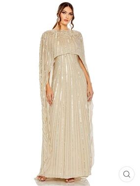 Mac Duggal Champagne Beaded Cape Evening Gown